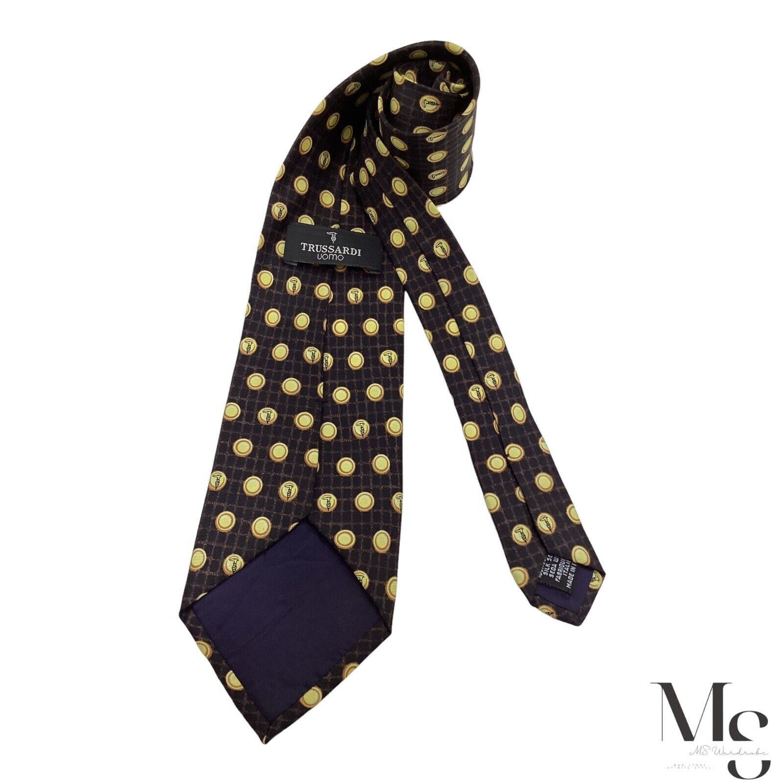 Trussardi TRUSSARDI Brown & Yellow Polka Dot Monogrammed Silk Tie Ital Size ONE SIZE - 2 Thumbnail