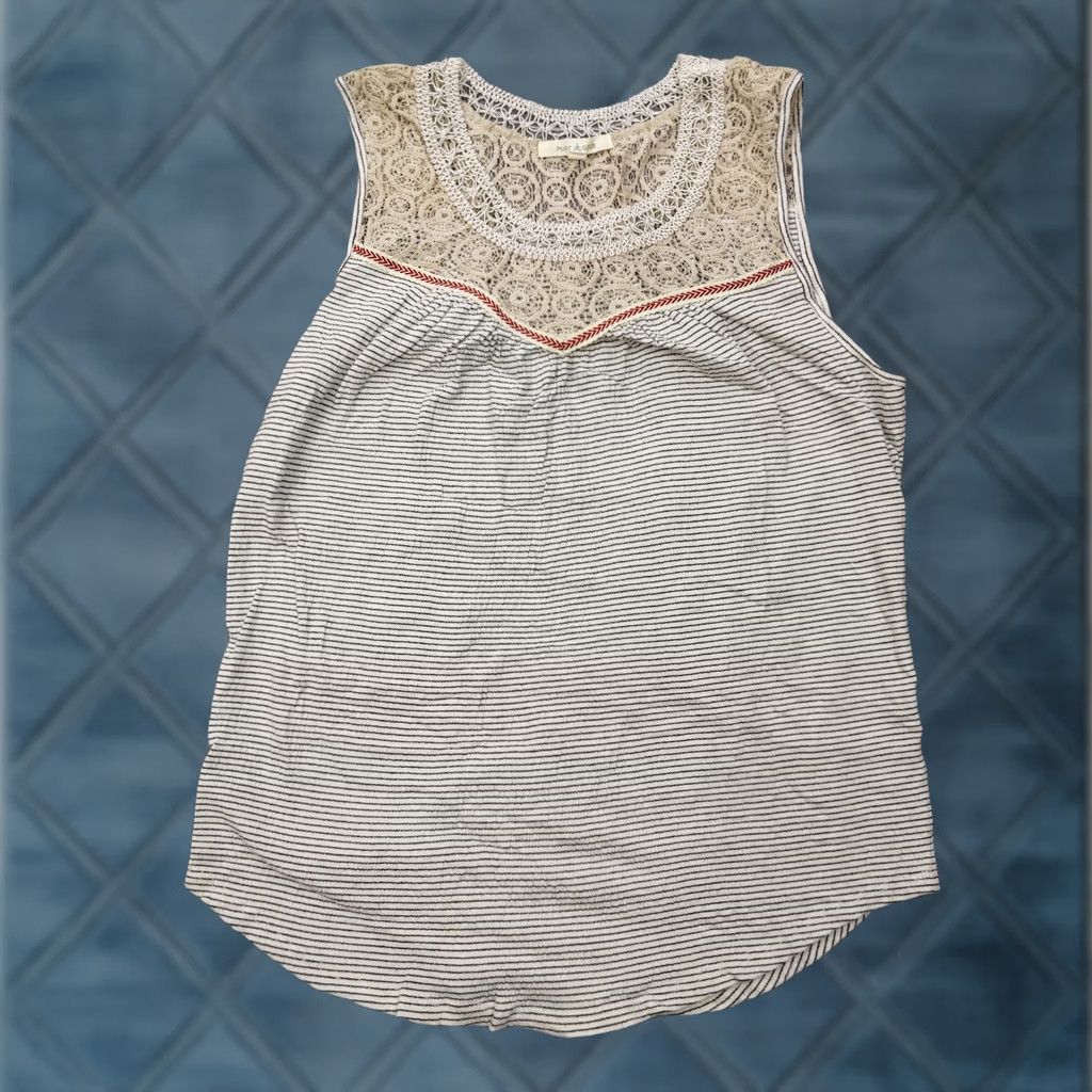 Anthropologie Anthropologie Pure Good Womens M Blue Candy Stripe Crochet Tank Top Blouse Made in USA Size M / US 6-8 / IT 42-44 - 1 Thumbnail