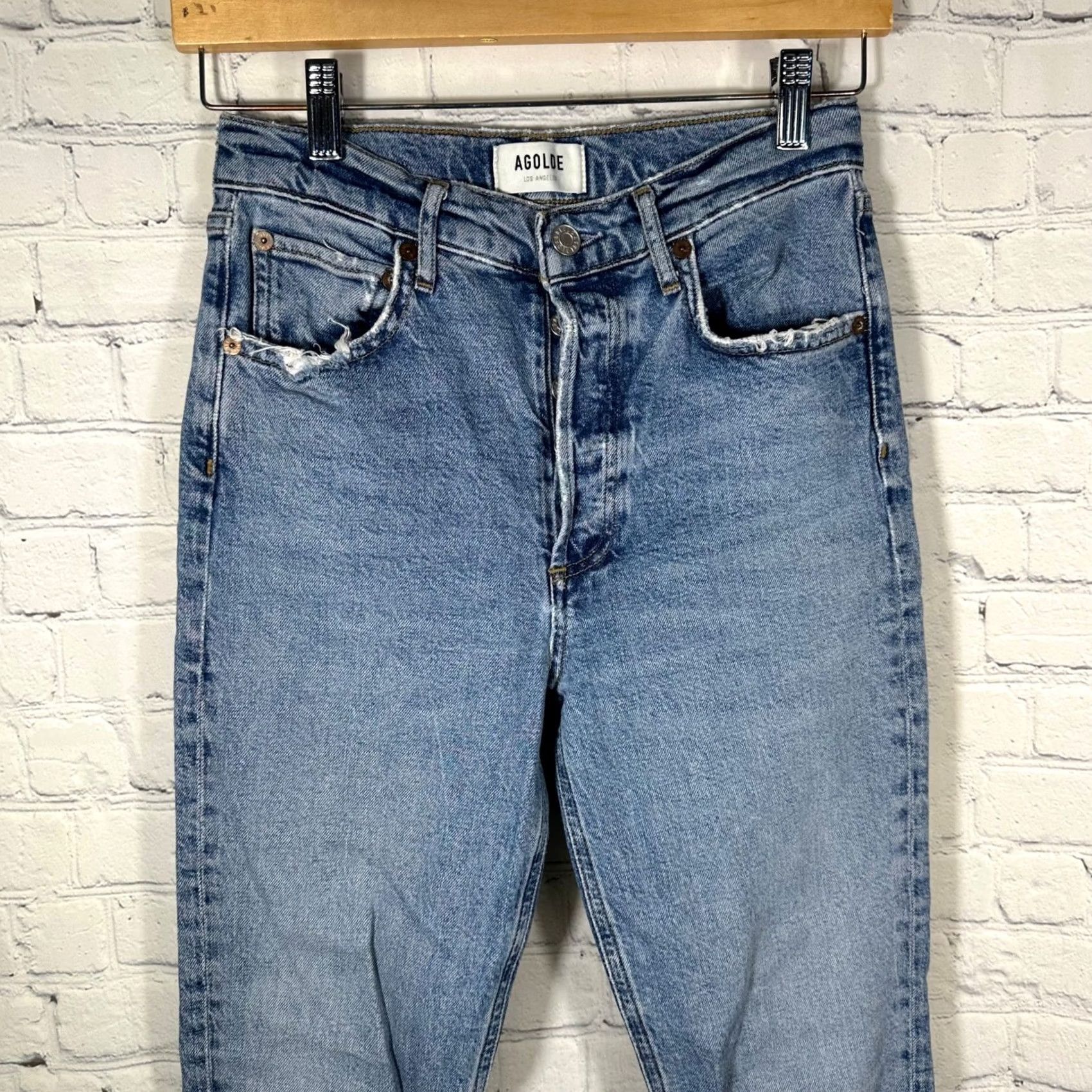 Agolde AGOLDE Jeans Womens 27 High Rise Riley Long Blue Jeans Button Fly Distressed 5-Pocket Denim Straight High Rise Womens Jeans Size 27" / US 4 / IT 40 - 2 Thumbnail