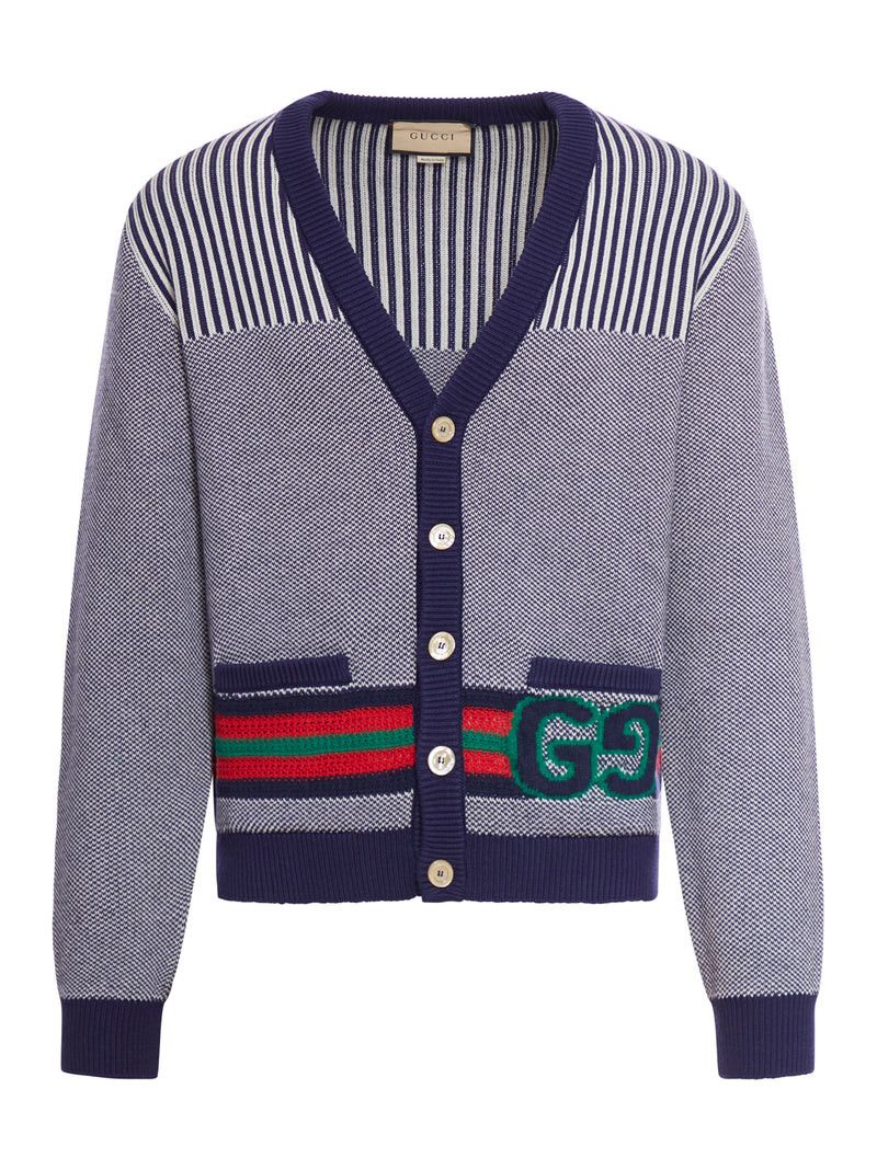 image of Gucci Cardigan In Wool And Cotton With GG in Blue, Men's (Size XL)