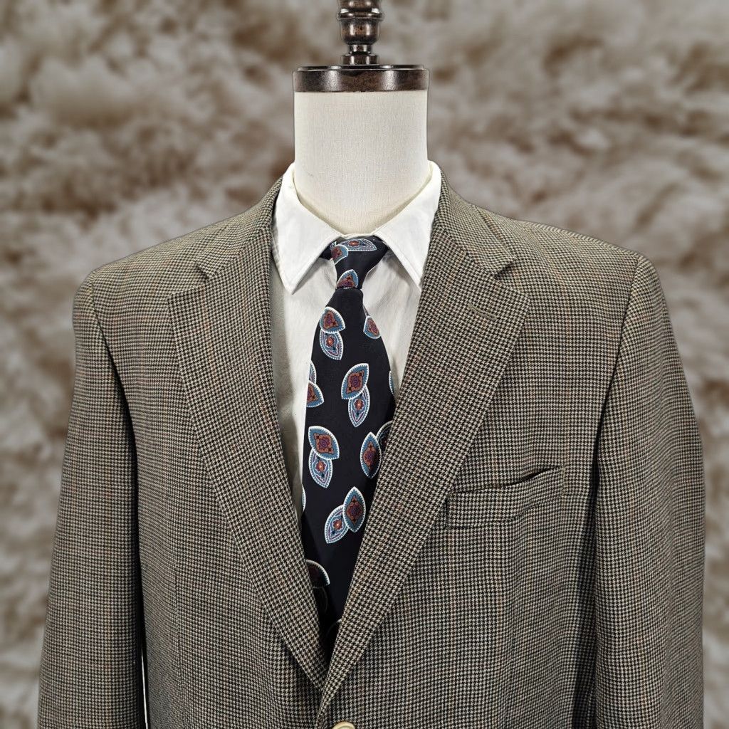 VINTAGE Norm Thompson Wool Blazer Sport Coat Mens 44L Houndstooth Jacket Brown Gray EUC