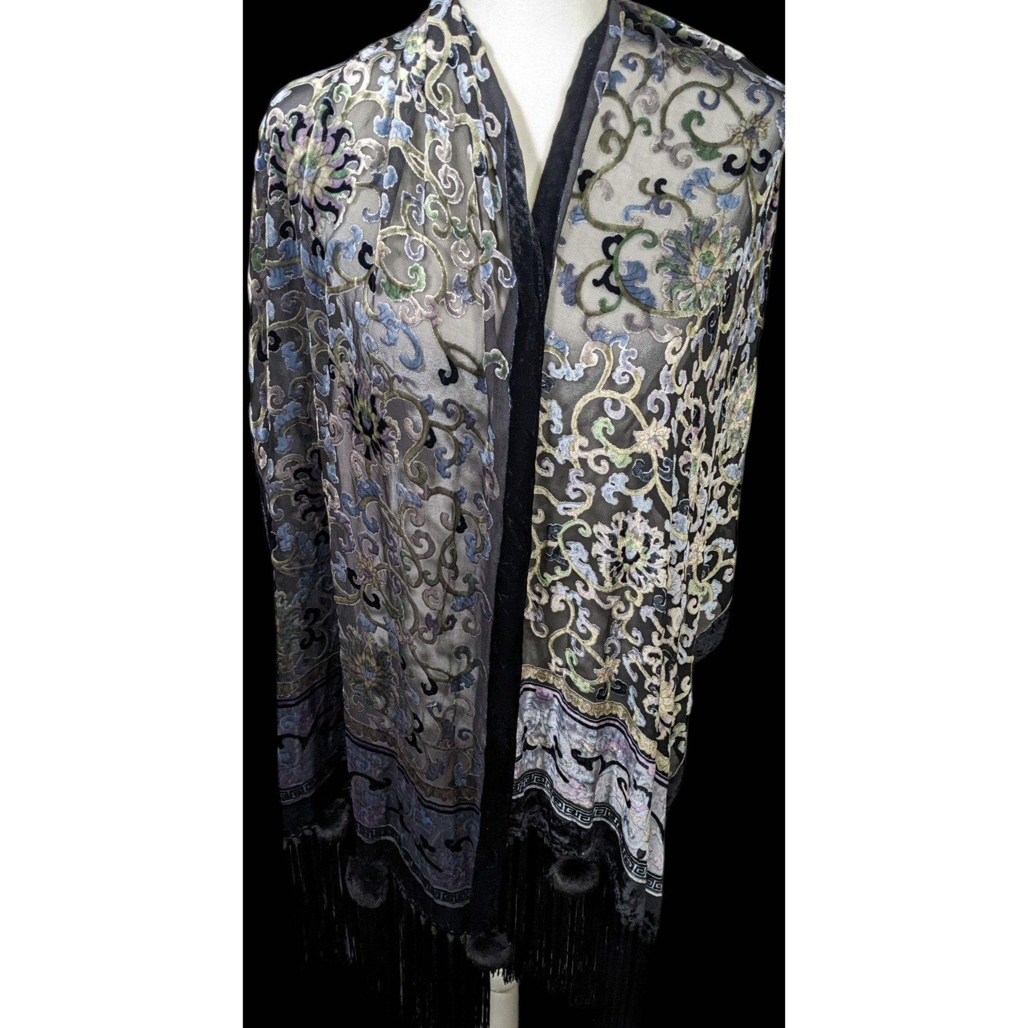 Other Vintage Fantasy Black And Pastel Velvet Burnout Scarf With F Size ONE SIZE - 4 Thumbnail