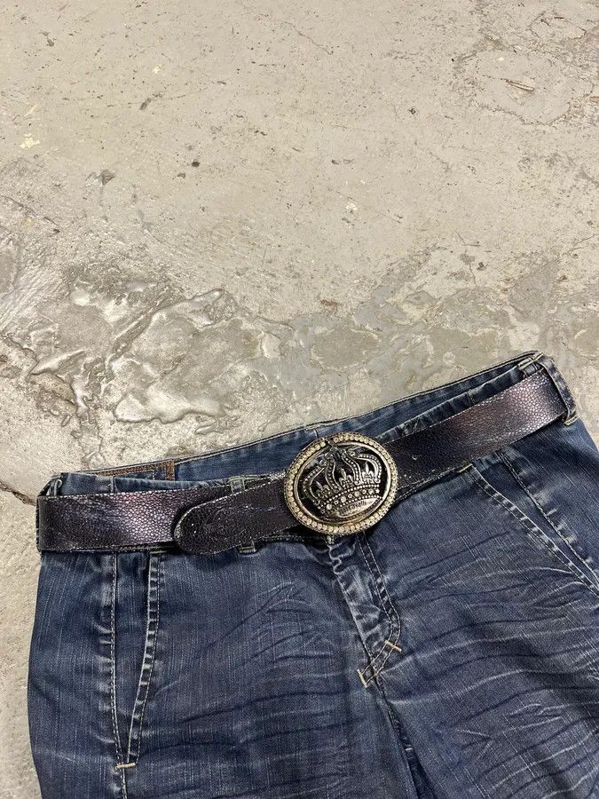 Designer × Roberto Cavalli × Vintage 2000s Cavalli Pave Crown Buckle Blue Aura Leather Belt Size ONE SIZE - 1 Thumbnail
