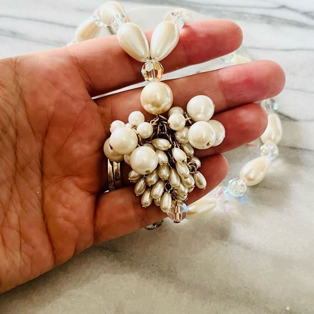 Vintage Faux Pearl Beaded Necklace AB Crystal Beads White Size ONE SIZE - 5 Thumbnail
