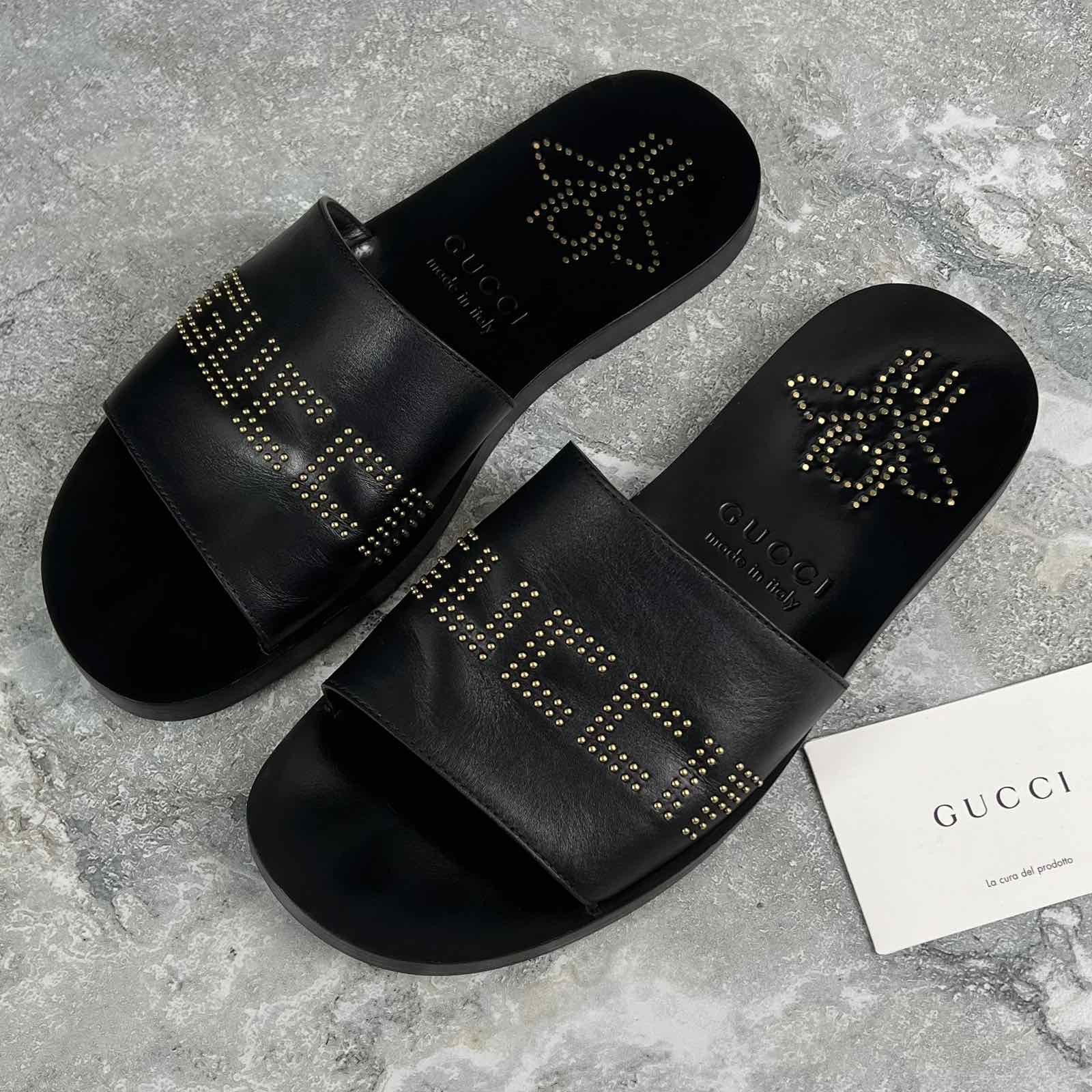 Gucci Studded Logo Bee Slides Sandals Leather Size US 8 / EU 41 - 1 Thumbnail