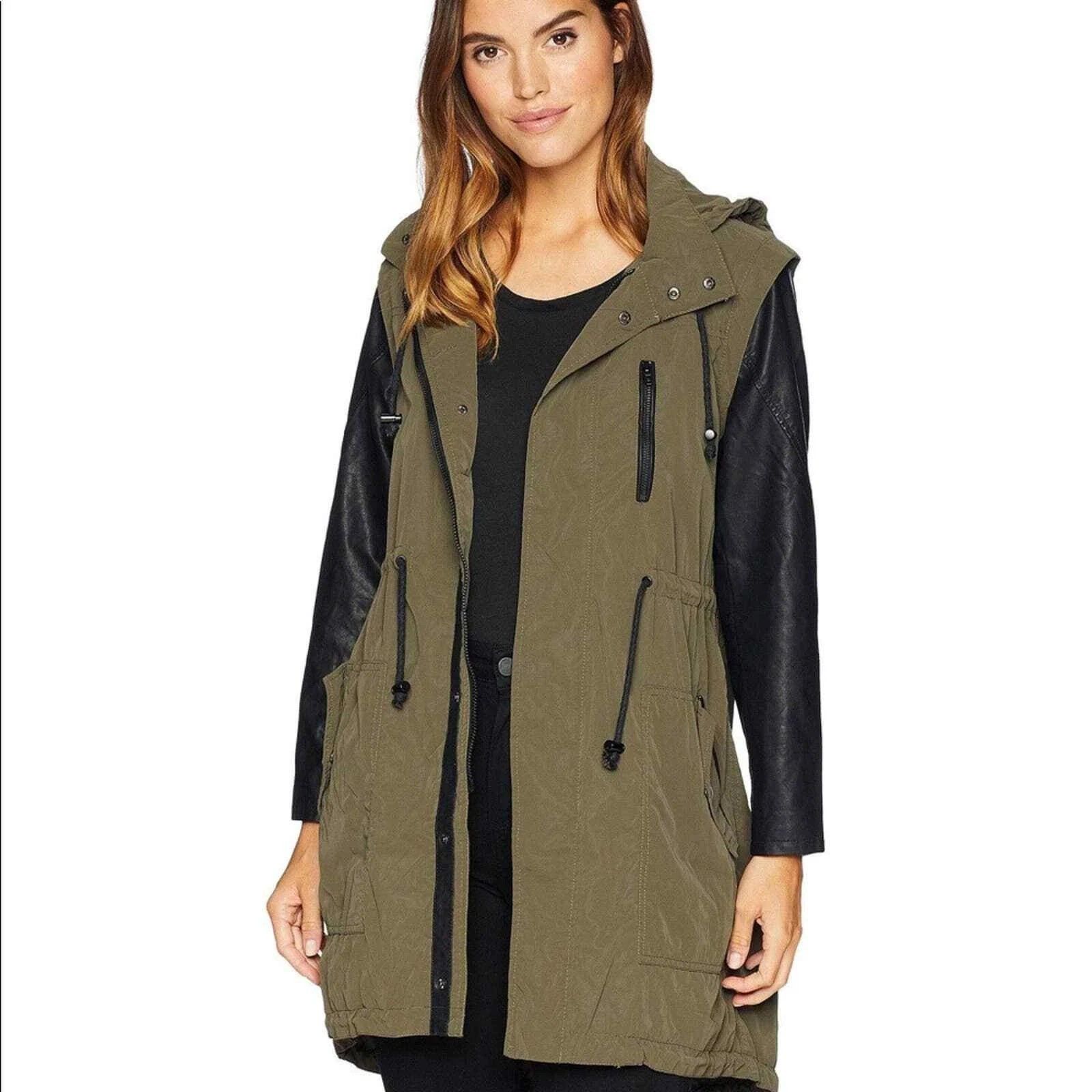 BLANKNYC Hooded Vegan Leather & Nylon Rain Jacket in Olive Green Size S / US 4 / IT 40 - 1 Thumbnail