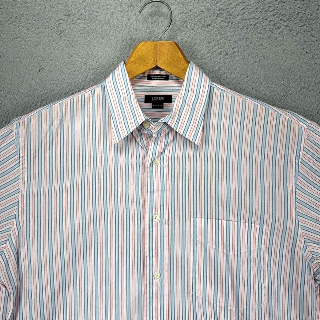 Vintage J Crew Dress Shirt Adult Medium 15-15.5 Blue Pink Striped Button Up Pocket Mens Size 40R - 2 Thumbnail