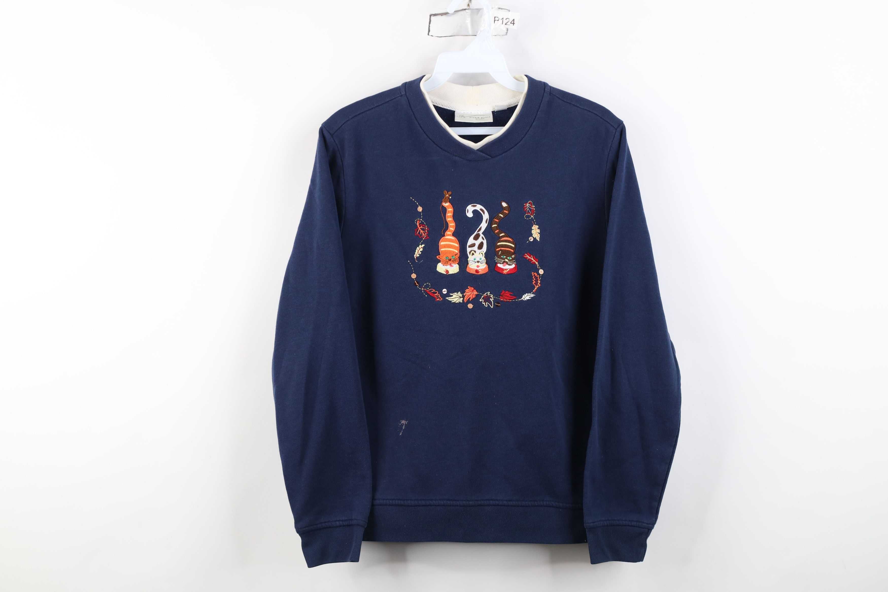 Vintage Vintage 90s Streetwear Fall Leaf Cat Kitten Sweatshirt Blue Size S / US 4 / IT 40 - 1 Thumbnail