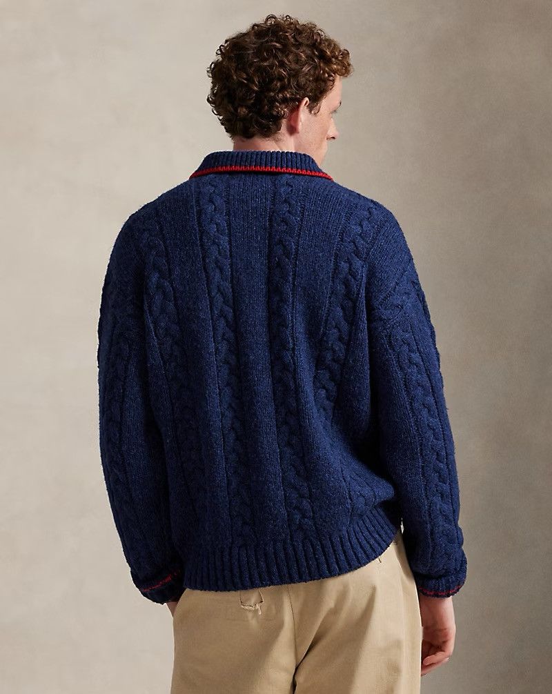 Polo Ralph Lauren Polo Ralph Lauren Cable-Knit Polo-Collar Letter Sweater Navy Size US XL / EU 56 / 4 - 3 Thumbnail