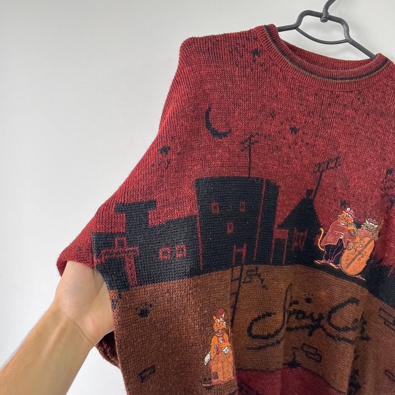 Vintage JAZZ CATS SWEATER- Vintage Novelty Pullover 80s 90s Winter Size US L / EU 52-54 / 3 - 13 Thumbnail