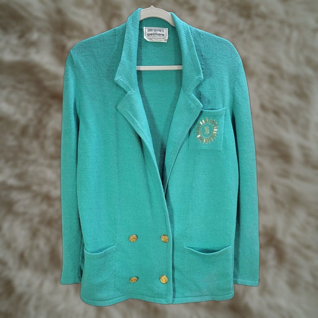Vintage Don Sayres for Wellmore Turquoise Knit Wool Rayon Jacket Blazer Double-Breasted Sz 8 Womens Size M / US 6-8 / IT 42-44 - 1 Thumbnail