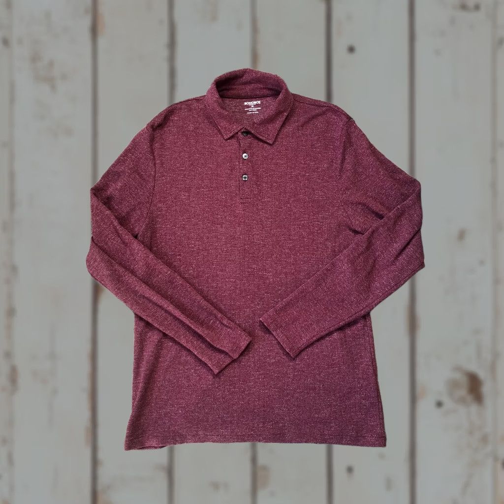 Bonobos Bonobos Polo Shirt Mens M Burgundy Long Sleeve Slim Fit Herringbone Knit Polo Shirt Slim Fit Mens Burgundy Red Knit Collar 3-Button Casual Business Size US M / EU 48-50 / 2 - 1 Thumbnail