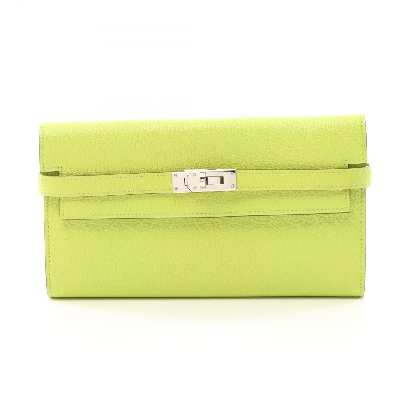 Hermes Kelly Wallet Apple Green Trifold Long Chevre Yellow-Green Silver Hardware Stamp