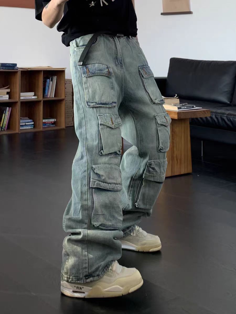 Vintage street straight micro flare multi-pocket jeans