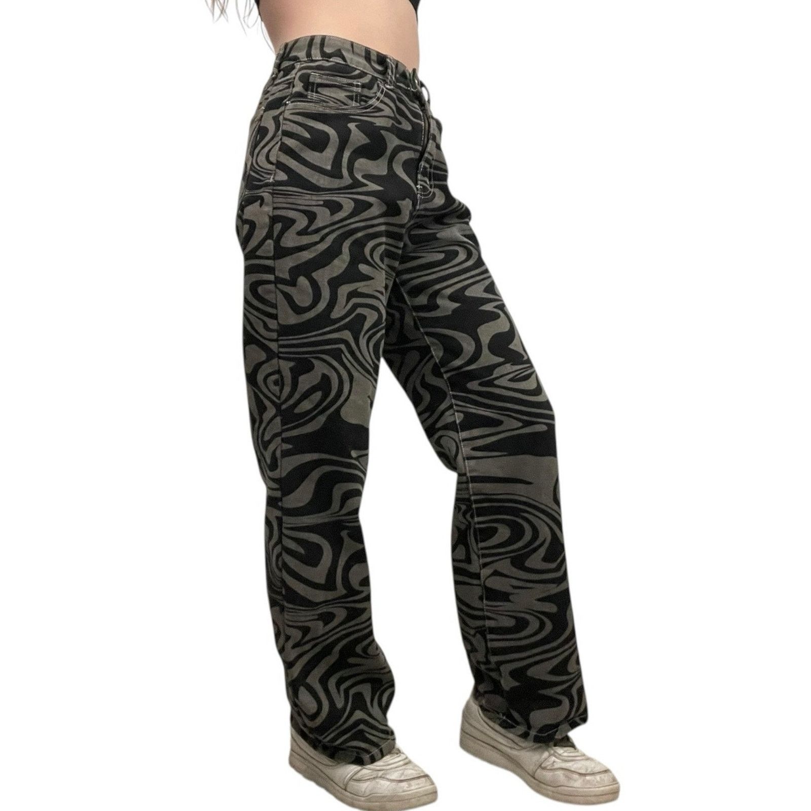 Shein SHEIN High Rise Grey & Black Abstract Swirl Statement Pants Size 28" / US 6 / IT 42 - 2 Thumbnail
