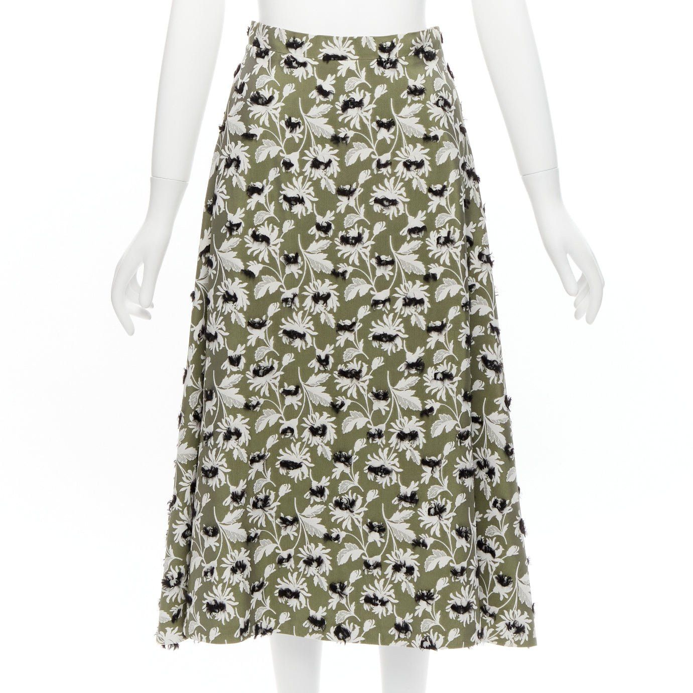 Balenciaga BALENCIAGA 2015 grey green black fringe embellishment white floral midi skirt FR36 S Size 27" / US 4 / IT 40 - 1 Thumbnail
