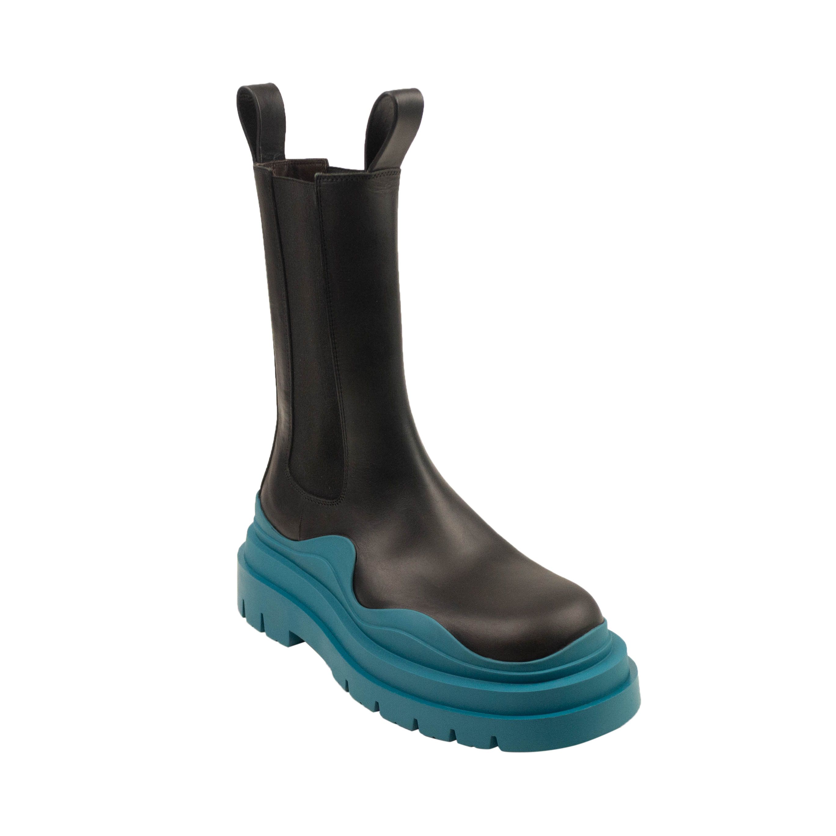 image of Bottega Veneta Black & Blaster Blue Tire Leather Boots Size 4/34, Women's