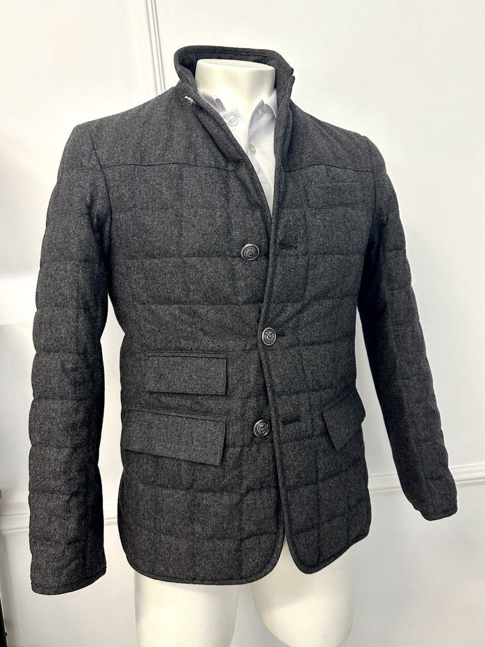 Image of Black Fleece Quilted Bomber Jacket Woolen Flannel Size Xs in Grey, Men's