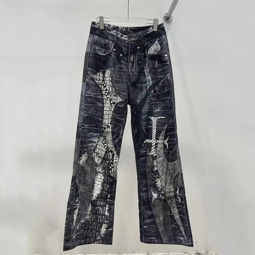 Jean Design Patchwork Printed Gothic Punk Loose Jeans Size US 35 - 3 Thumbnail