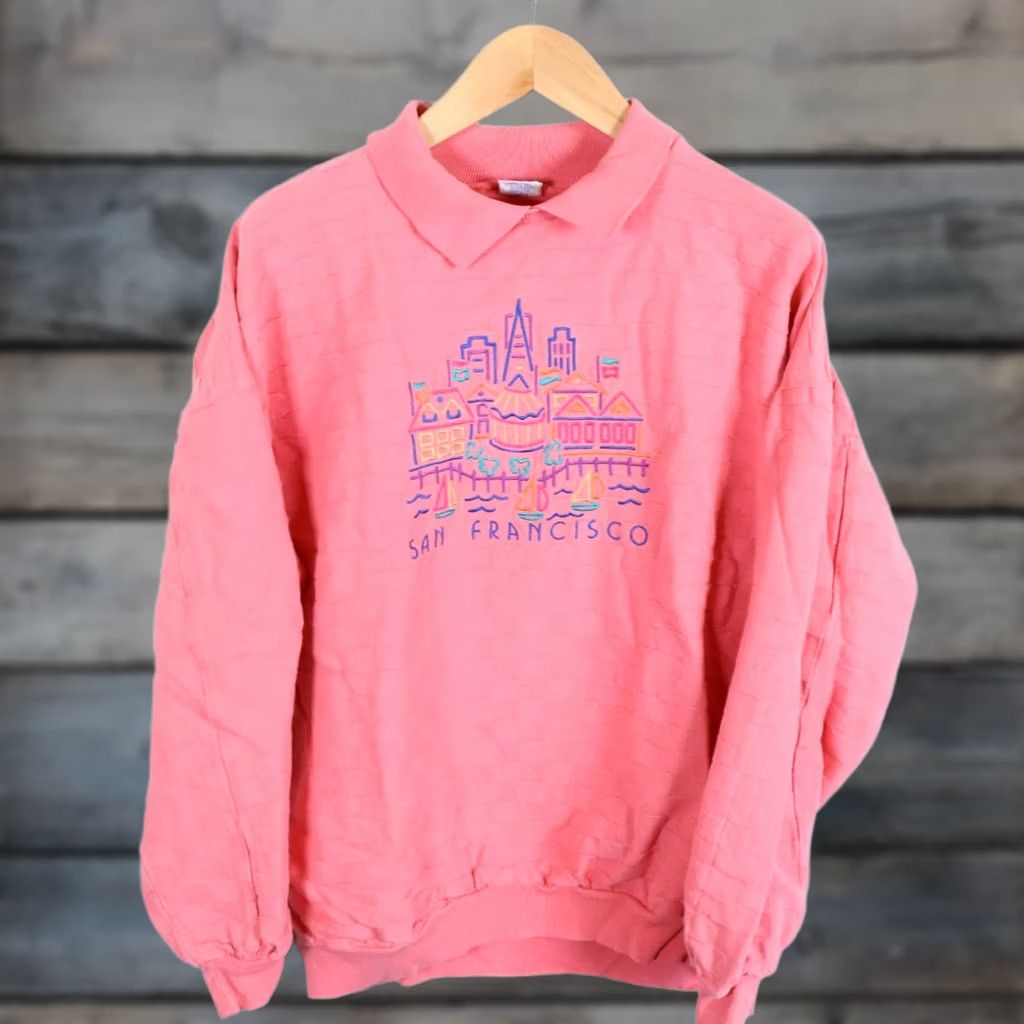 Vintage VINTAGE Crazy Shirts Sweatshirt Men Large Pink Collared 90s Graphic Print City San Francisco VTG Size US L / EU 52-54 / 3 - 1 Thumbnail