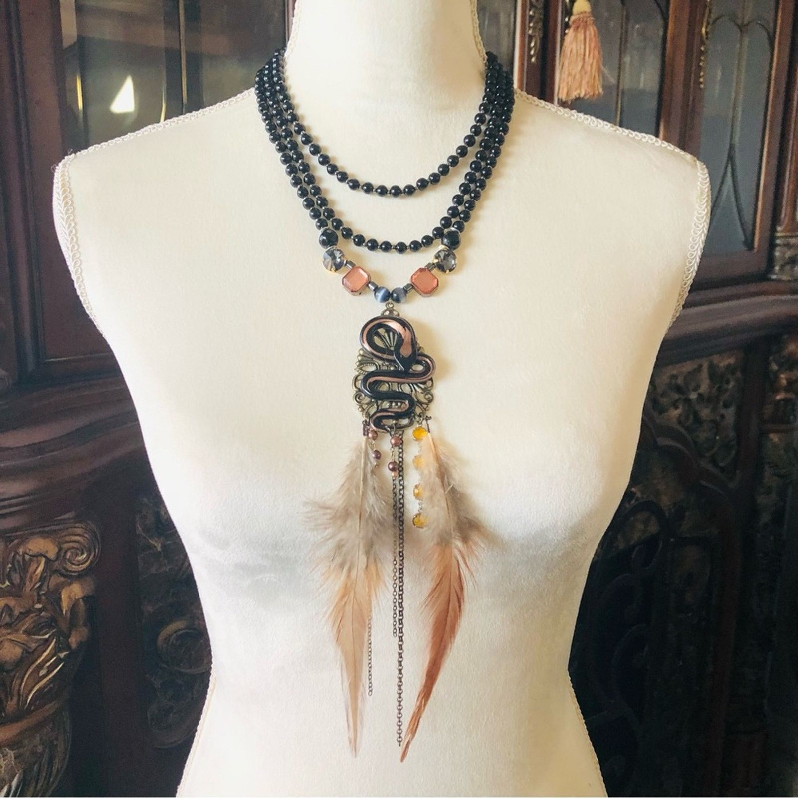 Handmade Handcrafted filigree snake Czech Pearl genuine onyx necklace Size ONE SIZE - 2 Thumbnail