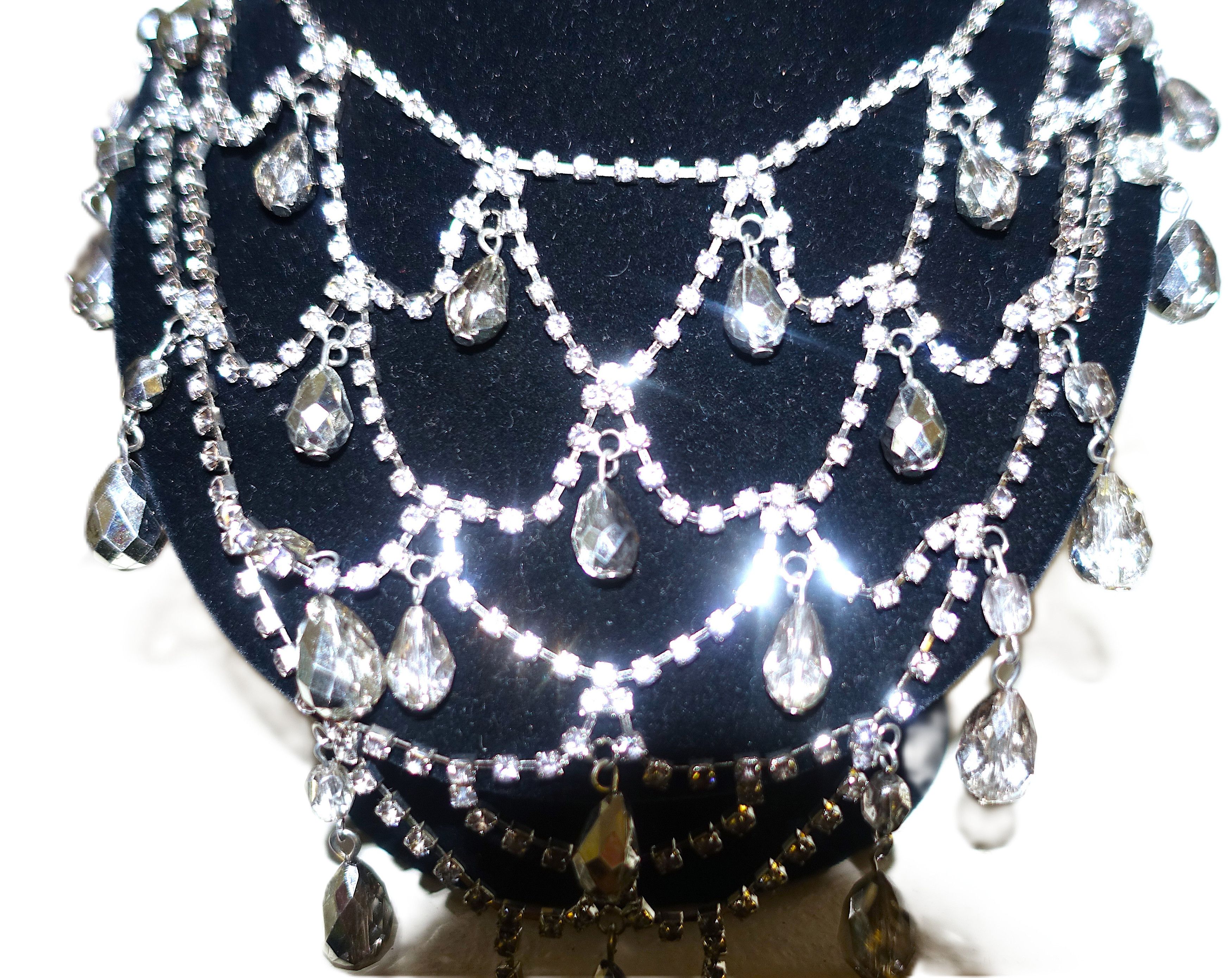 Vintage Silver Tone Teardrop Dangle Rhinestones Necklace Size ONE SIZE - 4 Thumbnail