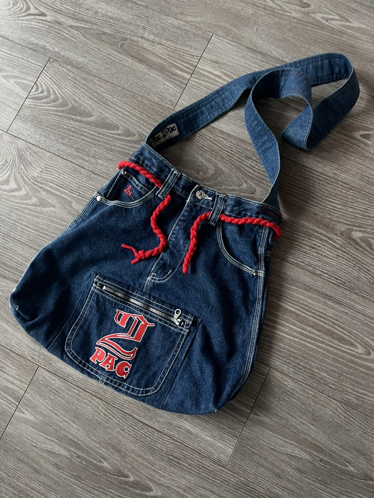 Affliction × Handmade ‼️Vintage Handmade Avant Garde 2Pac Denim Big Logo Sling Bag‼️ Size ONE SIZE - 10 Thumbnail
