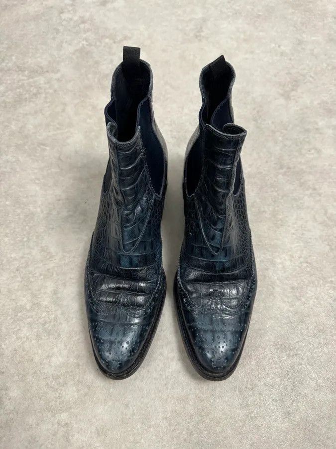Miu Miu Miu Miu Dark Navy Crocodile Embossed Leather Chelsea Boot Brogue Size US 5.5 / EU 38 - 7 Thumbnail