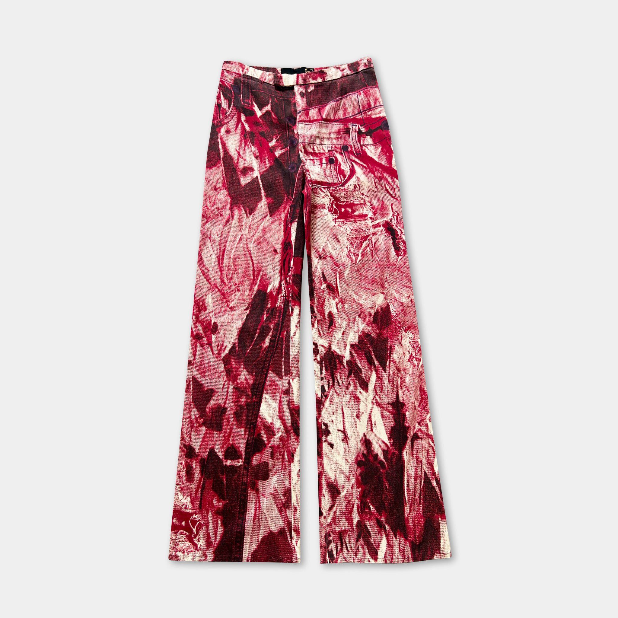 Just Cavalli Just Cavalli 2000's Red White Abstract Print Wide-Leg Pants Size US 31 - 1 Thumbnail