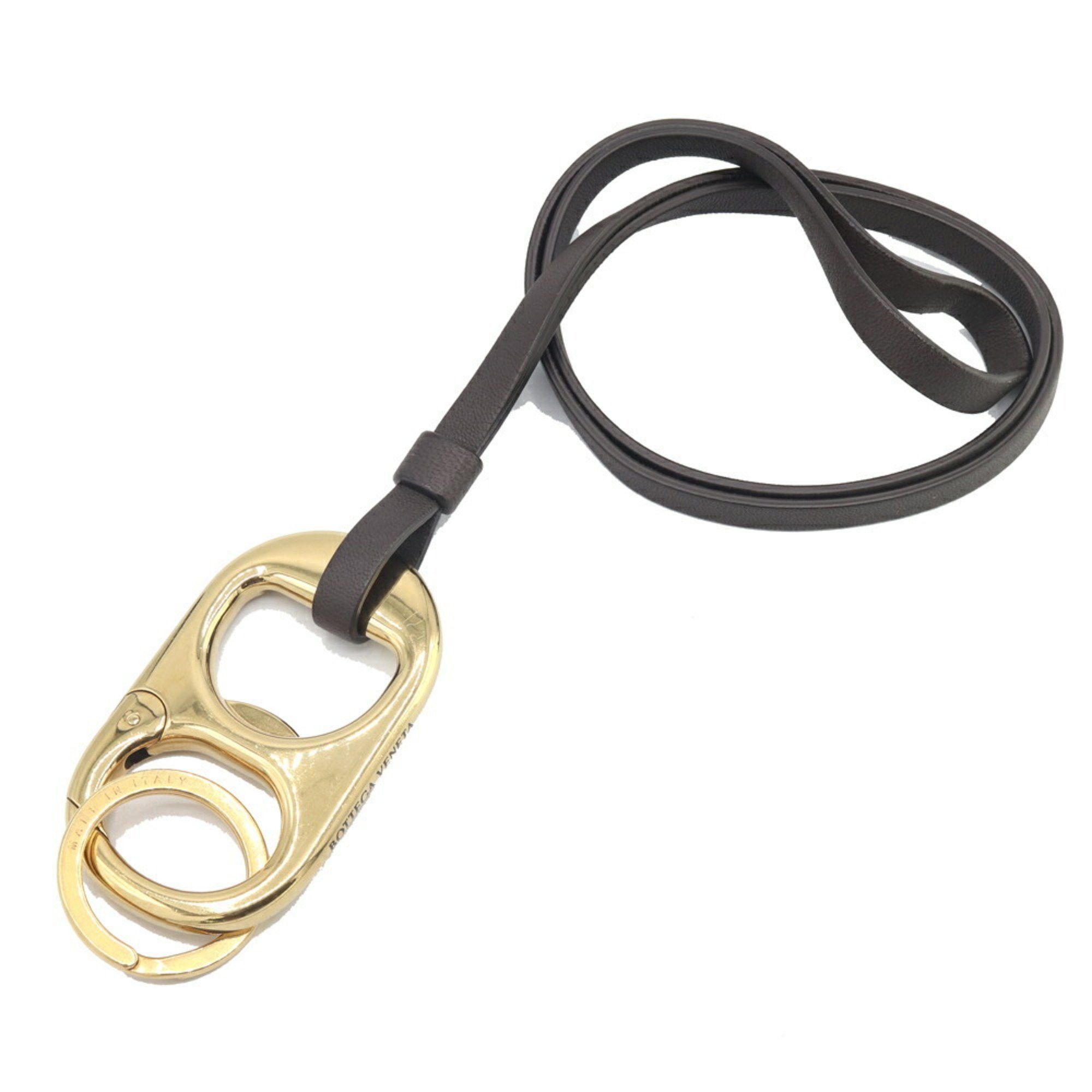 Bottega Veneta Bottega Veneta Key Ring, Gold, Dark Brown Leather, Metal Neck Strap, Keychain for Men and Women, BOTTEGA VENETA Size ONE SIZE - 1 Thumbnail