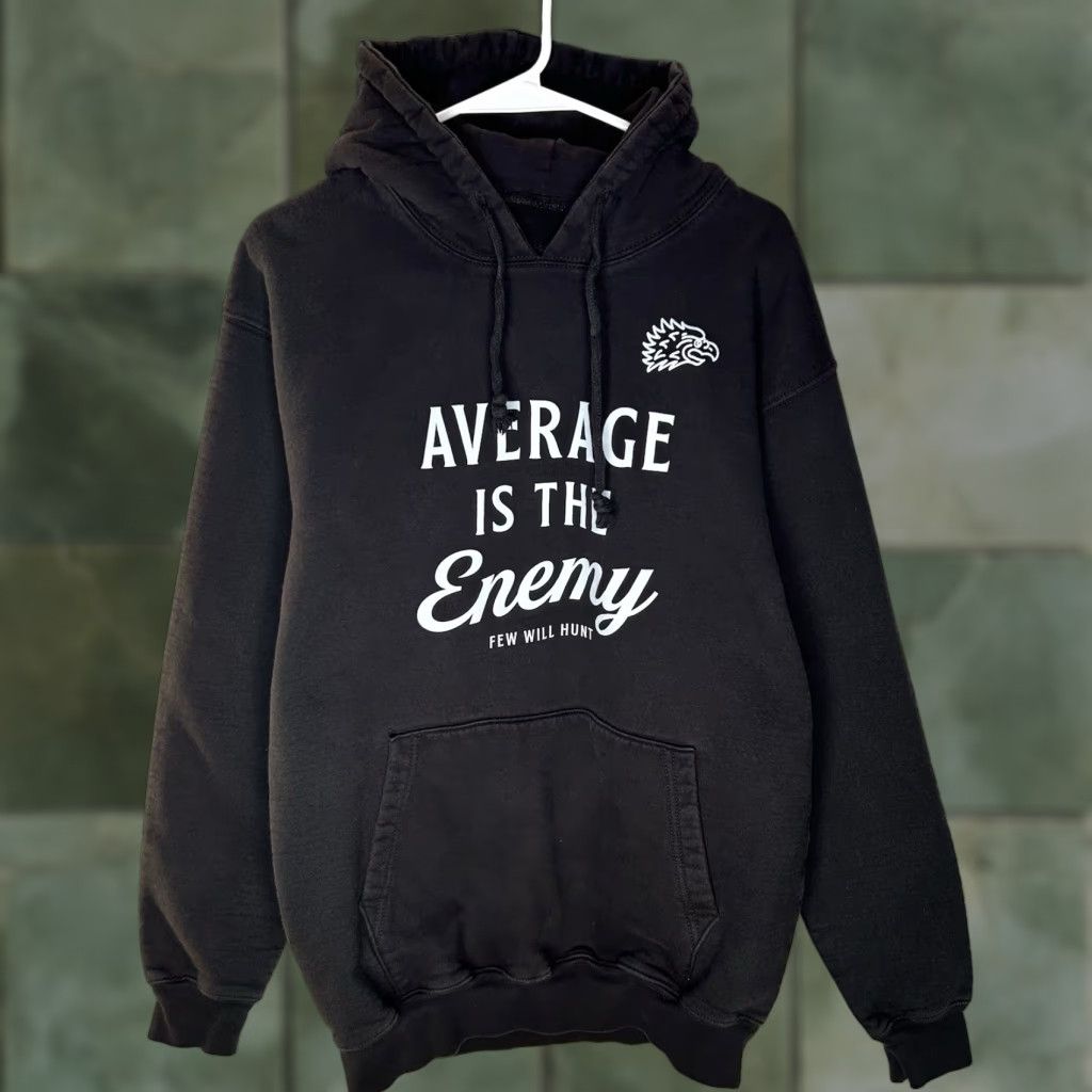 Vintage Few Will Hunt Hoodie Men’s Medium Graphic “Average Is The Enemy” Black Pullover with Pockets Size US M / EU 48-50 / 2 - 1 Thumbnail