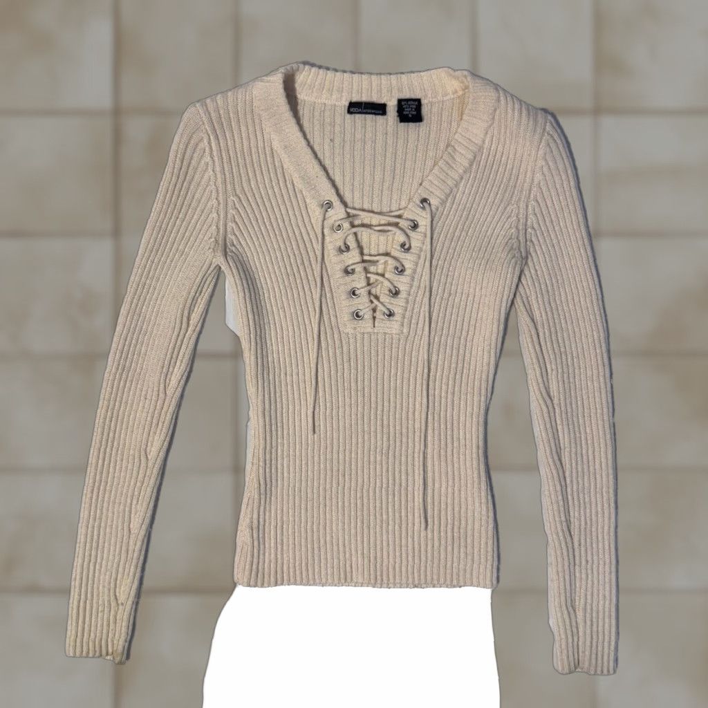 Vintage MODA International Blouse Shirt Ivory Wool Acrylic 48% Wool Blend Lace Up Small S Women Vintage No Regular Size S / US 4 / IT 40 - 1 Thumbnail