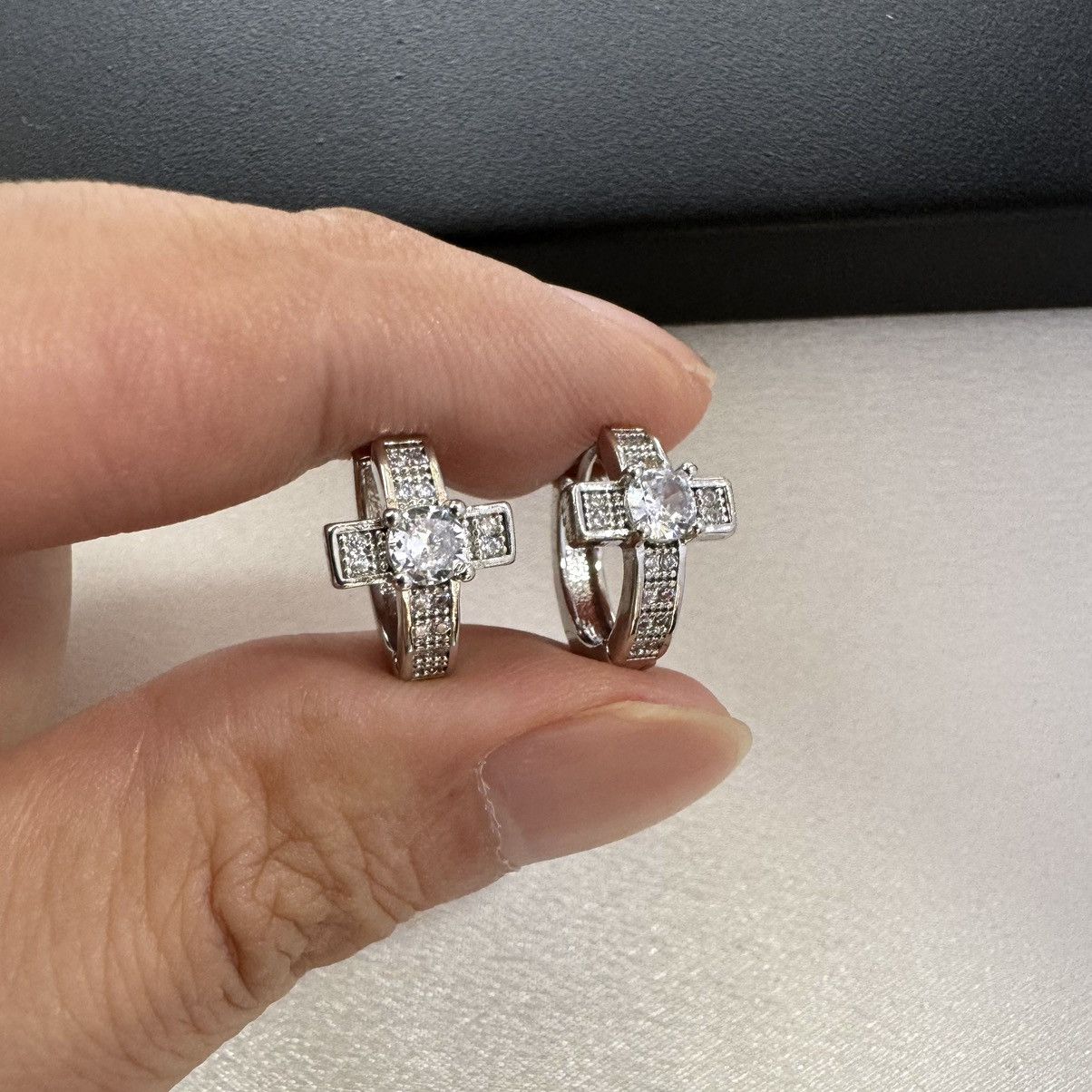 Designer 15mm CZ Cross Hoop Earrings for Men Women Unisex Style Size ONE SIZE - 4 Thumbnail