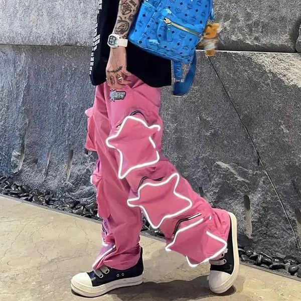 Reflective pants with stars and pockets hip-hop Harajuku