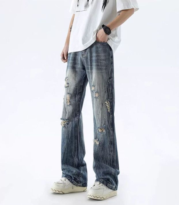 Japanese Brand Men's washed distressed straight leg ripped flared jeans Size US 32 / EU 48 - 2 Thumbnail