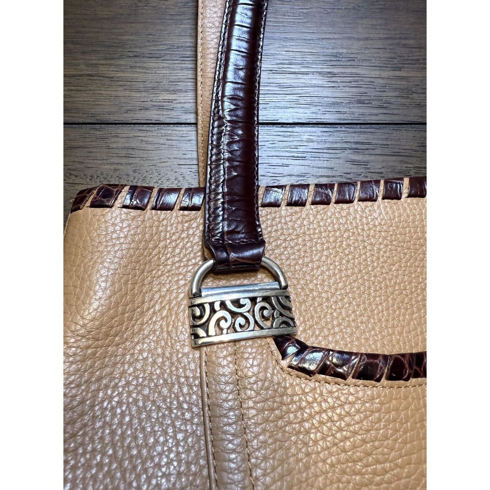 Brighton Brighton Tote Bag Womens Large Tan Leather Shoulder Purse Brown Croc Trim Scroll Size ONE SIZE - 4 Thumbnail