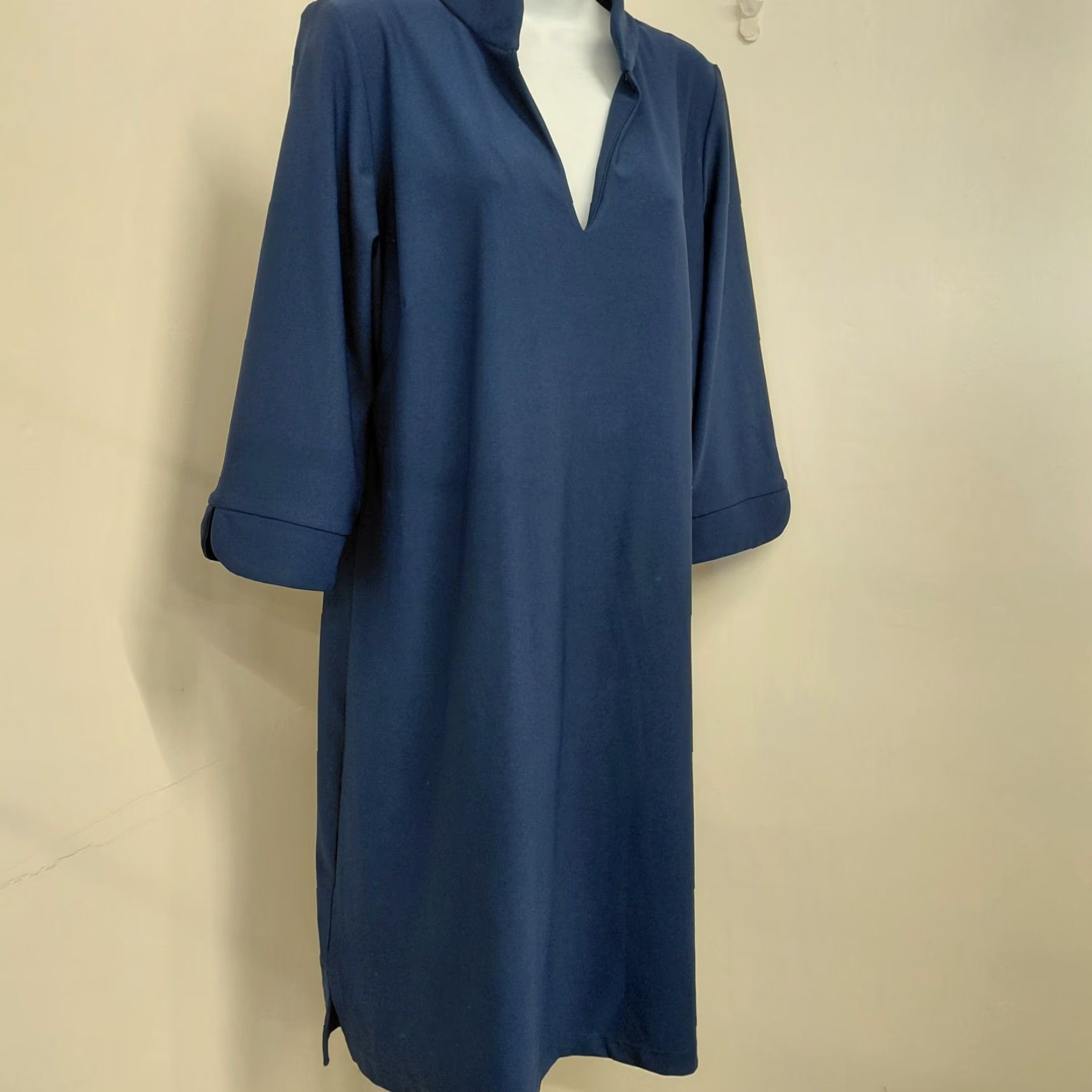 Vintage Katherine Way Shift Dress Womens XL Blue 3/4 Sleeve UPF 50+ Knit Nylon Spandex Dress Knee Length Casual Travel Size XL / US 12-14 / IT 48-50 - 3 Thumbnail