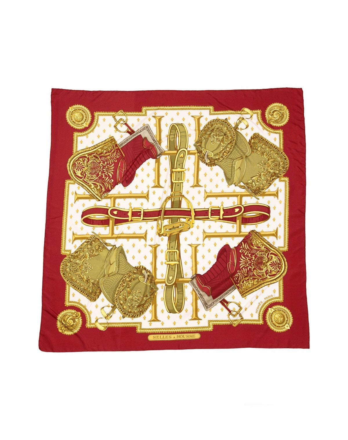 image of Hermes Carre 90 "selles A Housse" Silk Scarf Handkerchief in Burgandy, Women's