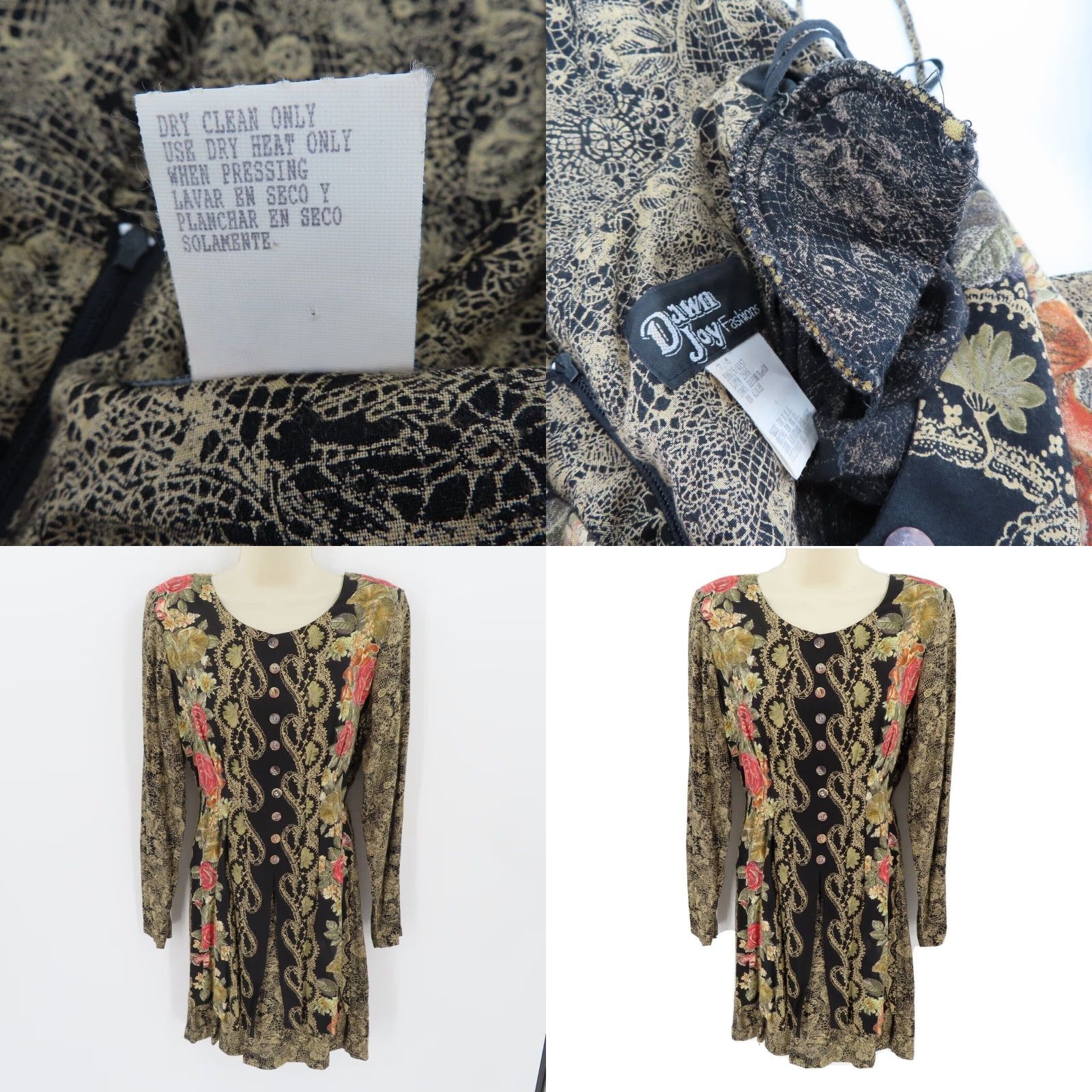 VINTAGE Dawn Joy Womens Dress 7/8 Floral Boho Long Sleeve Zip