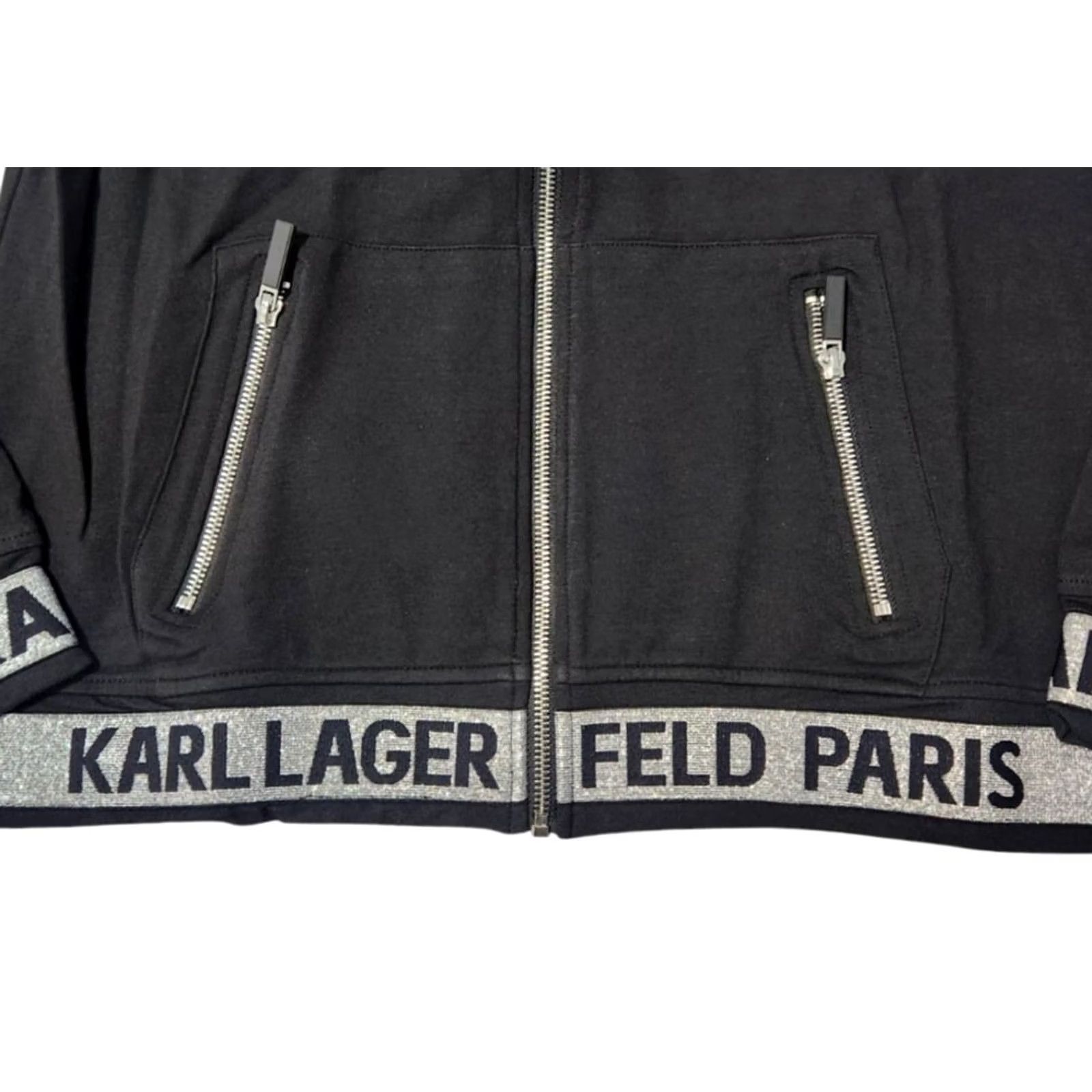 Karl Lagerfeld Karl Lagerfeld Paris Womens M Zip-Up Logo Tape Knit Jacket Black Metallic Silver Zip-up Jacket M Women Modern Logo Tape Knit Jacket Size M / US 6-8 / IT 42-44 - 4 Thumbnail
