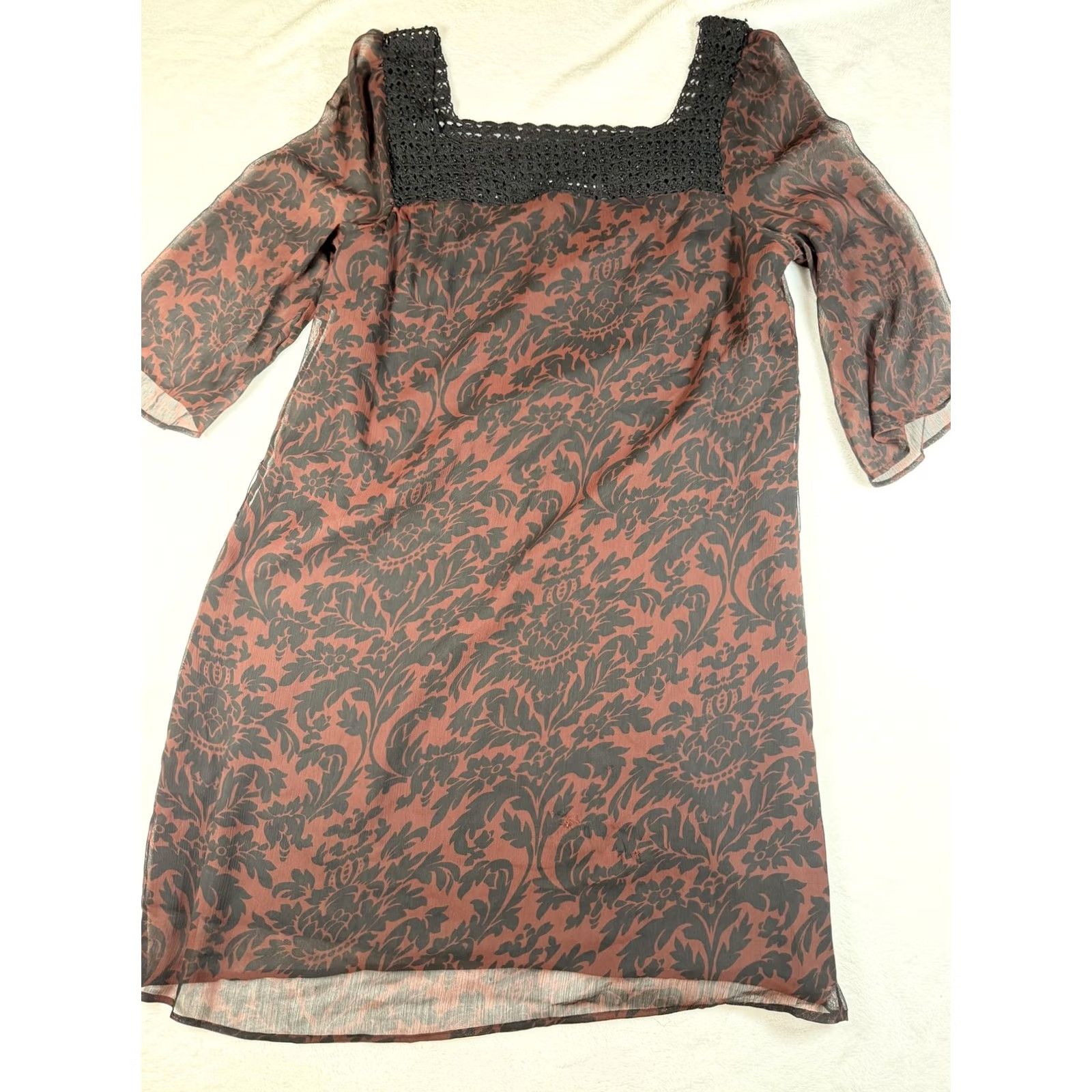Vintage Vertigo Paris Womens M Brown Floral Chiffon Crochet Shift Knee Length Size M / US 6-8 / IT 42-44 - 7 Thumbnail