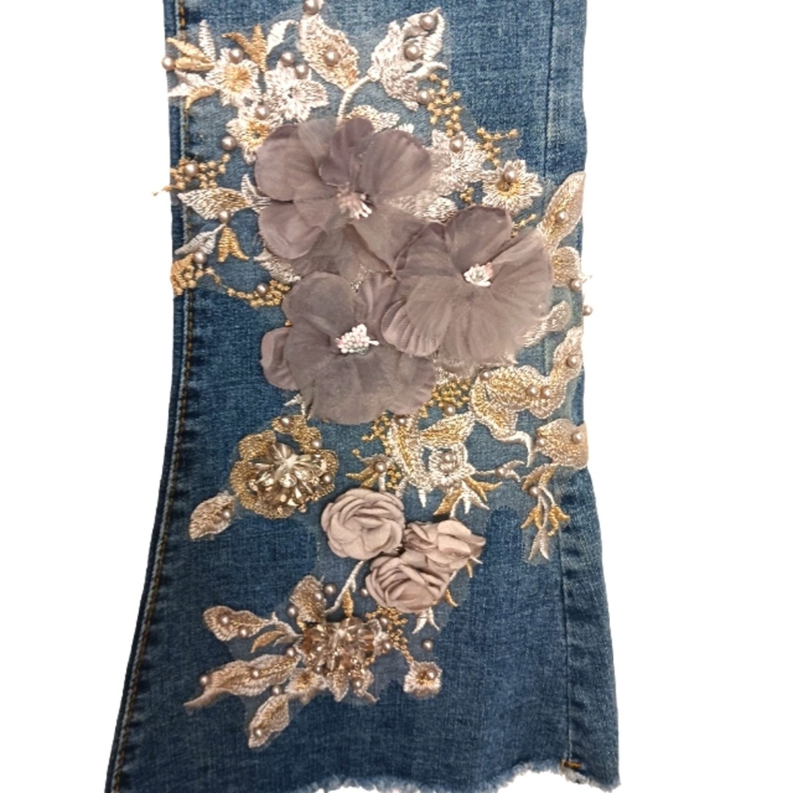 Vintage Jeweled Jeans Sz 28 Blue BEADED FLORAL PEARLS Boho Cottage Size 28" / US 6 / IT 42 - 2 Thumbnail