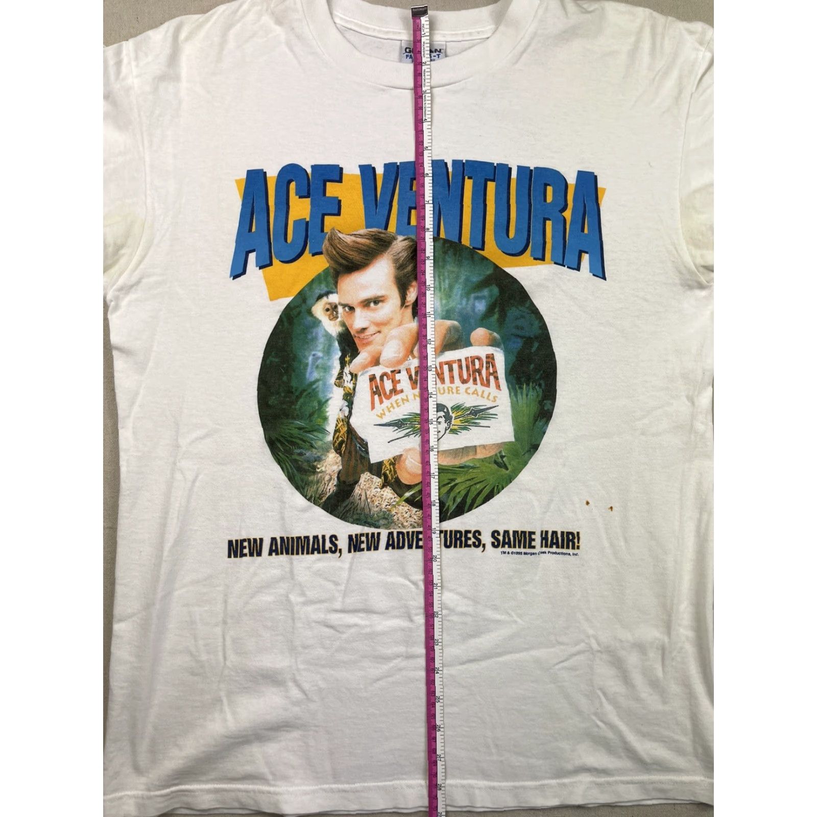 Gildan VINTAGE Ace Ventura Jim Carrey T-Shirt – Movie Logo Graphic, Cotton, White, 1995, Size L, Men, Short Sleeve, Crew Neck, Gildan, 90s Era Size US L / EU 52-54 / 3 - 6 Thumbnail