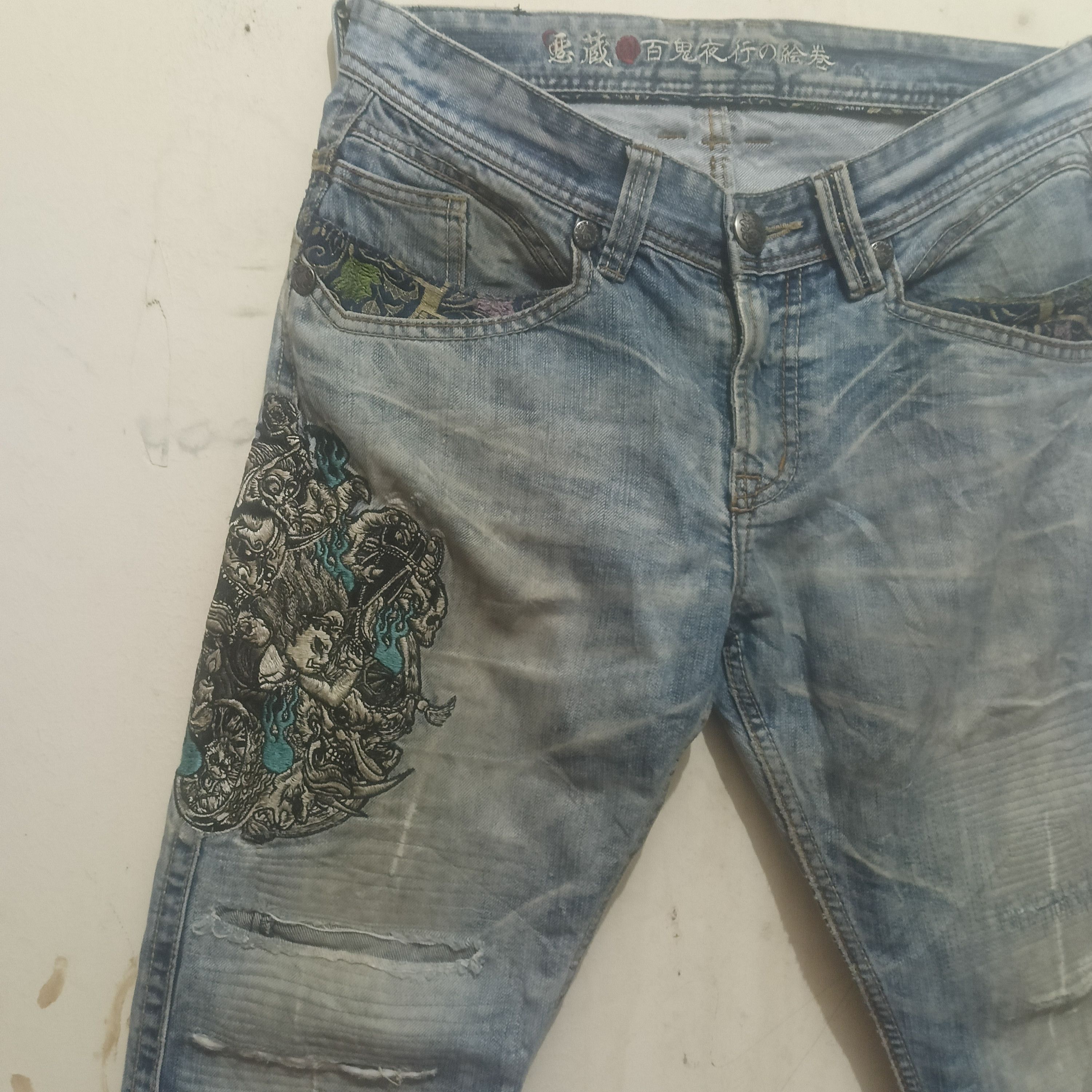 Karakuri Tamashii Japan Jizo Bosatsu Distressed Thrashed Jeans Karakuri style Size US 31 - 4 Thumbnail