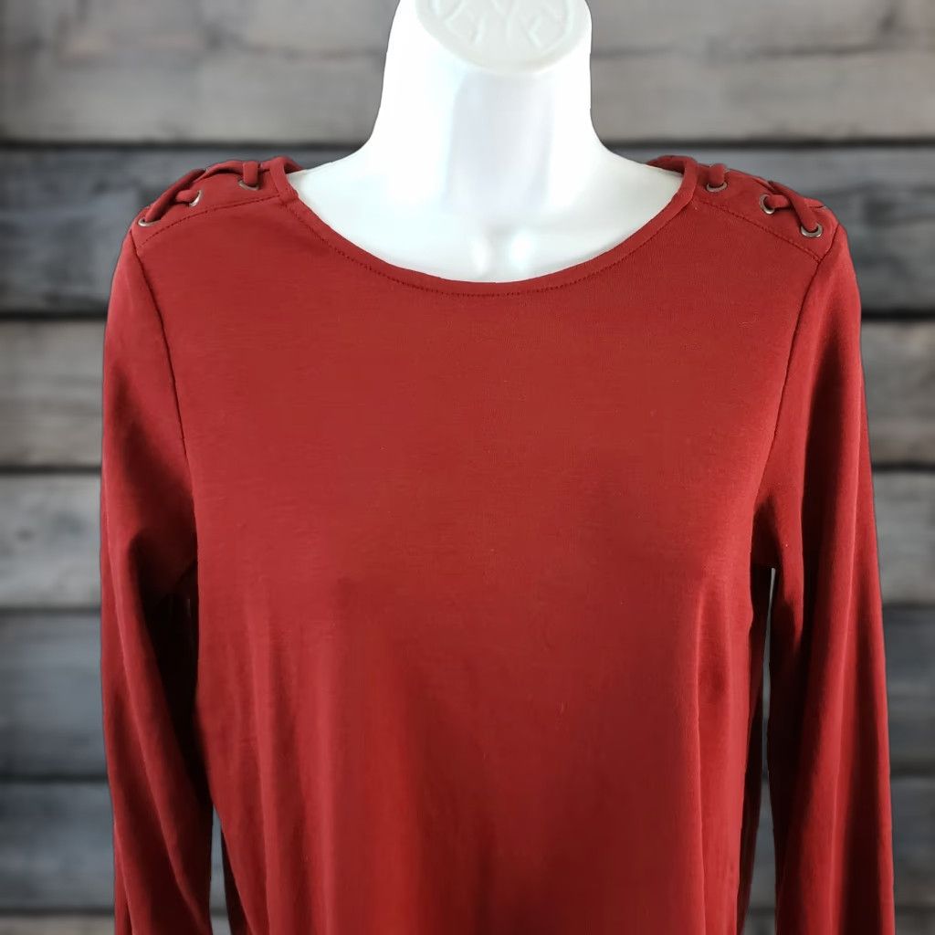 J. Jill J Jill Womens Lace Shoulder Tunic S Red Cotton Long Sleeve Solid Pima Tunic Shirt Womens Size S / US 4 / IT 40 - 1 Thumbnail