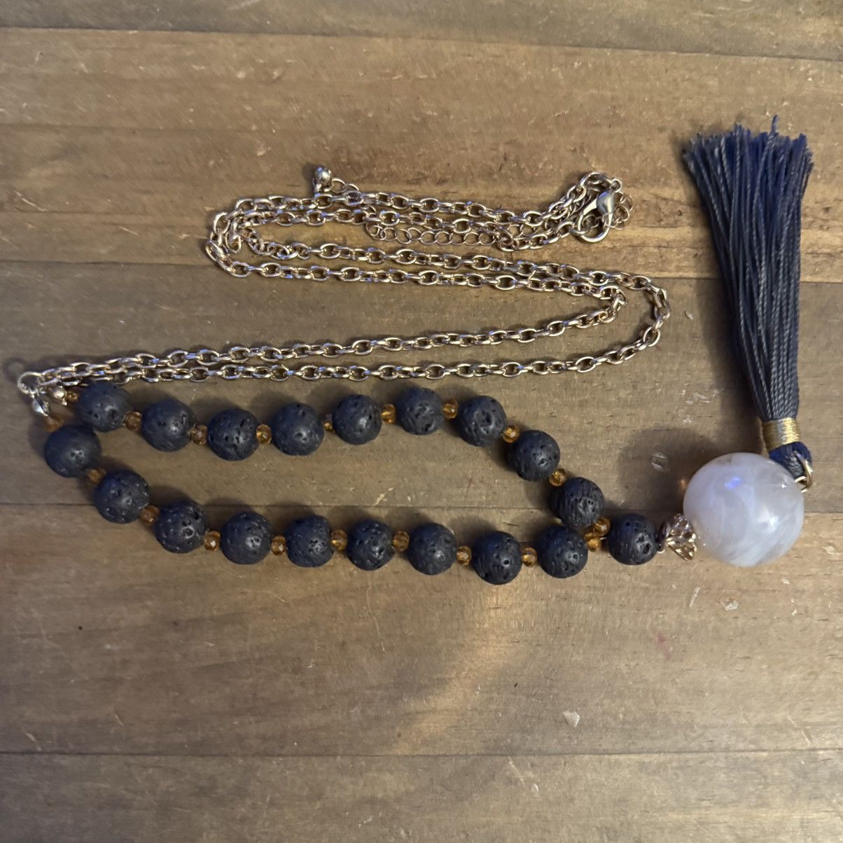 Other Long gold lava bead marble stone & tassel pendant necklace Size ONE SIZE - 2 Thumbnail