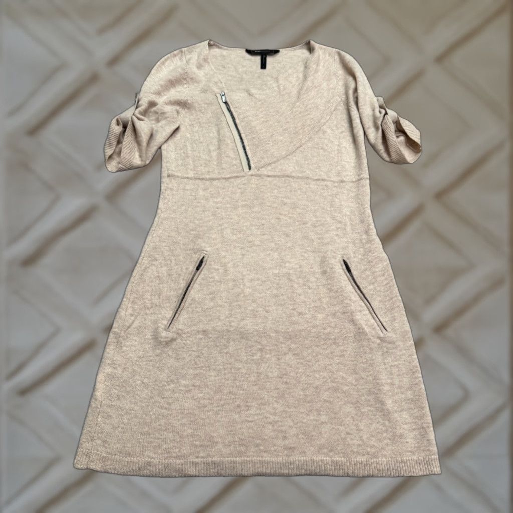Bcbgmaxazria BCBGMaxazria Wool Midi Sweater Dress Womens 2XL Beige Blue Roll Tab Sleeve V-Neck Knit Zipper Short Sleeve Casual Workwear Modern Designer Holiday Size XXL / US 16-18 / IT 52-54 - 1 Thumbnail