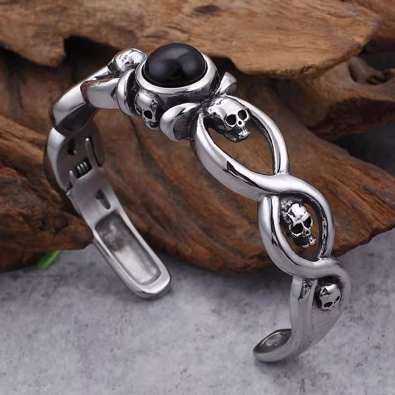Vintage Stainless Steel Skull Bangle With Black Gemstone Size ONE SIZE - 5 Thumbnail