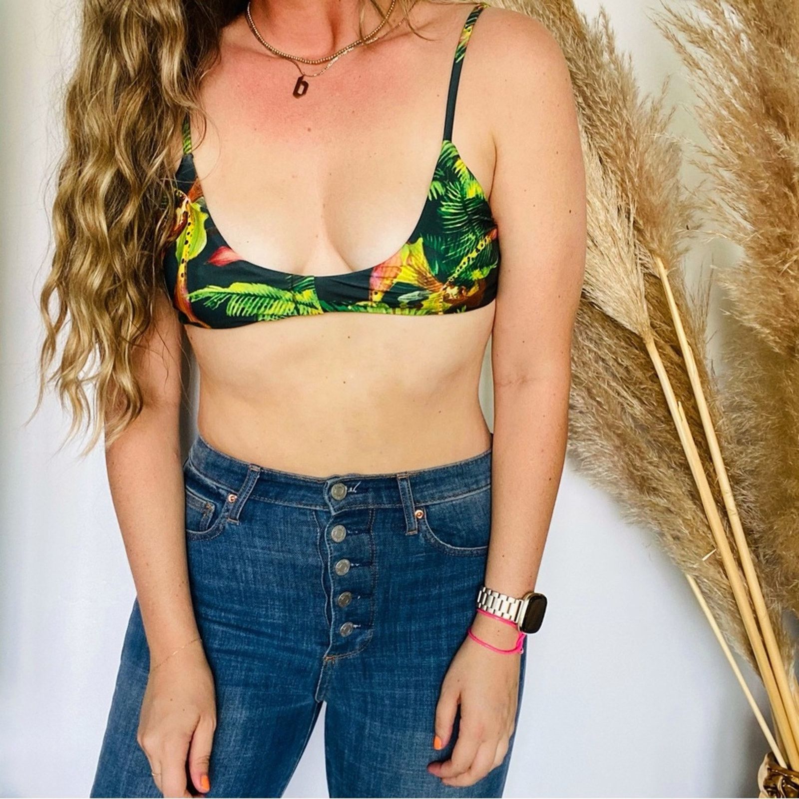 Beach Riot BEACH RIOT Green Blue Black Tropical Print Bikini Swim Top Size L / US 10 / IT 46 - 2 Thumbnail