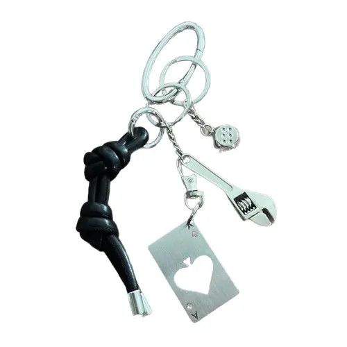 Jewelry Black Leather Knot Keychain with Metal Wrench & Dice Charms Size ONE SIZE - 5 Thumbnail
